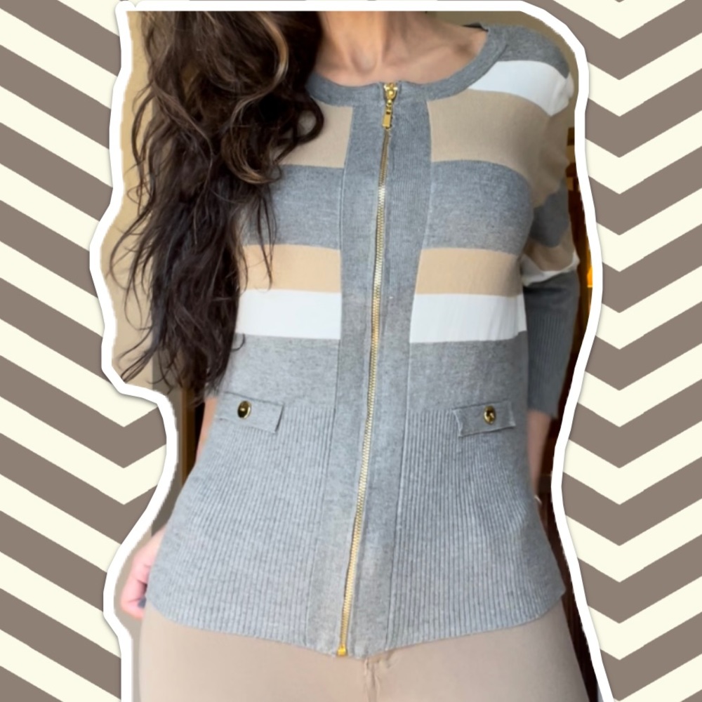 Cable & Gauge  Beige/Gray stripe front zip sweater